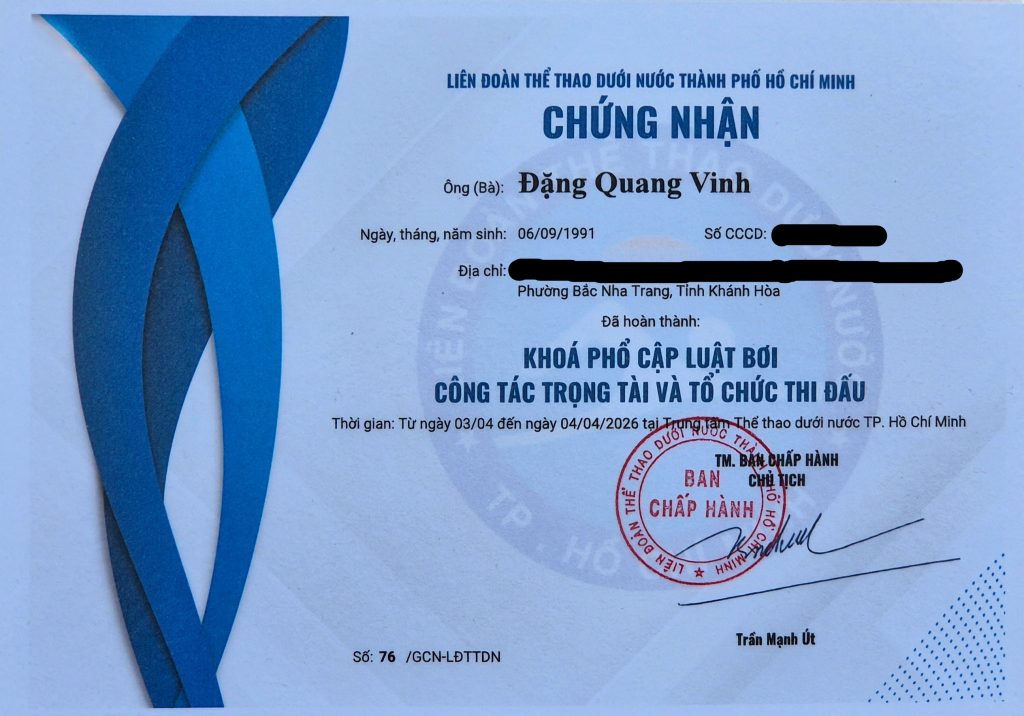 Chứng nhận cập nhật luật, công tác trọng tài và tổ chức thi đấu bơi lội - Liên đoàn Thể thao dưới nước thành phố Hồ Chí Minh
