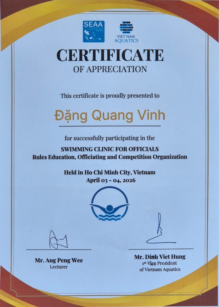 Chứng nhận cập nhật luật, công tác trọng tài và tổ chức thi đấu bơi lội - Hiệp hội Thể thao dưới nước Việt Nam - Liên đoàn Thể thao dưới nước Đông Nam Á